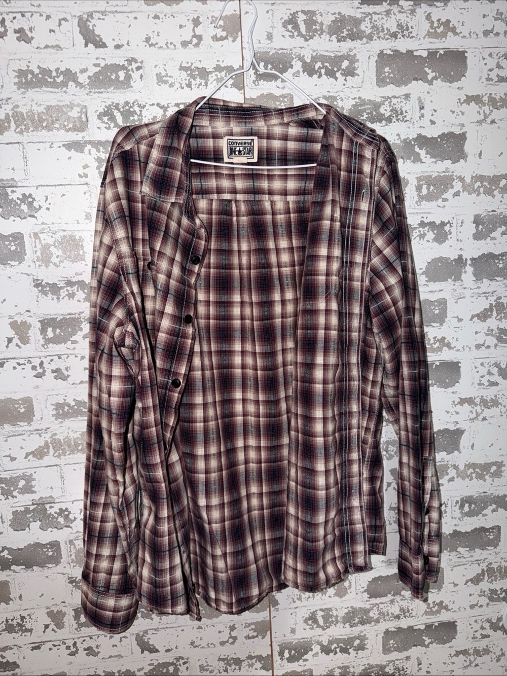 Converse Men's Burgundy and Cream Plaid Button-Down Shirt